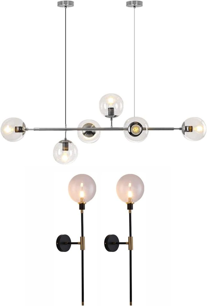 KCO Lighting 6-Light Silver Sputnik Hanging Pendant Light, Vintage Black Adjustable Wall Sconce Set of Two with Clear Globe Glass for Kitchen Island Bathroom Mirror…