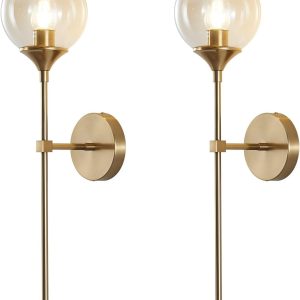 KCO 2 Pack Modern Brass Gold Amber Glass Globe Wall Sconce with Long Rod
