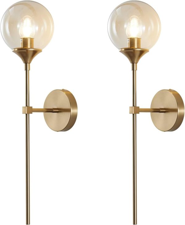 KCO 2 Pack Modern Brass Gold Amber Glass Globe Wall Sconce with Long Rod