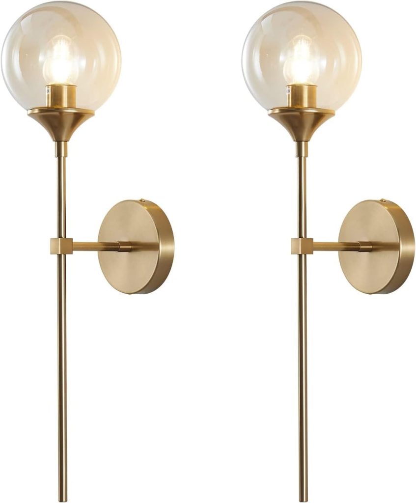 KCO 2 Pack Modern Brass Gold Amber Glass Globe Wall Sconce with Long Rod