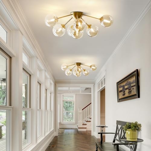 KCO Lighting 7-Lights Mid Century Modern Flush Mount Ceiling Light Overhead Amber Glass Globe Sputnik Chandelier Ceiling Light Fixture Brass Gold Bedroom Living Room Ceiling Lighting - Image 7