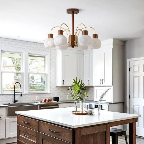 KCO Lighting Milk Glass Chandelier Pendant Light Ribbed Glass Ceiling Light Mid Century Plug in Hanging Light Farmhouse Rustic Walnut Wood Chandelier Modern Gold Chandelier Sputnik Ceiling Light - Image 6