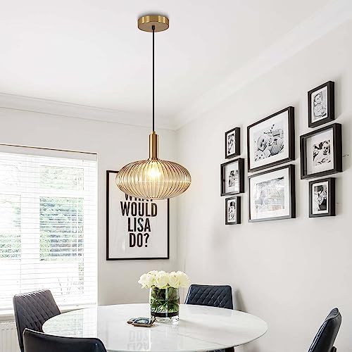 KCO Lighting Amber Glass Pendant Light Ribbed Ceiling Light Gold Single Pendant Light Modern Linear Chandelier Kitchen Island Pendant Lighting Dining Room Pendant Light Fixture - Image 7