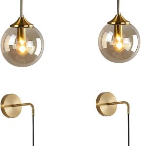 KCO Lighting Large Globe Pendant Light Amber Glass Pendant Lighting Brushed Brass Gold Pendant Light Fixture Ceiling Modern Globe Wall Sconce Set of 2 Amber Glass Ball Wall Light Vanity Bathroom Light