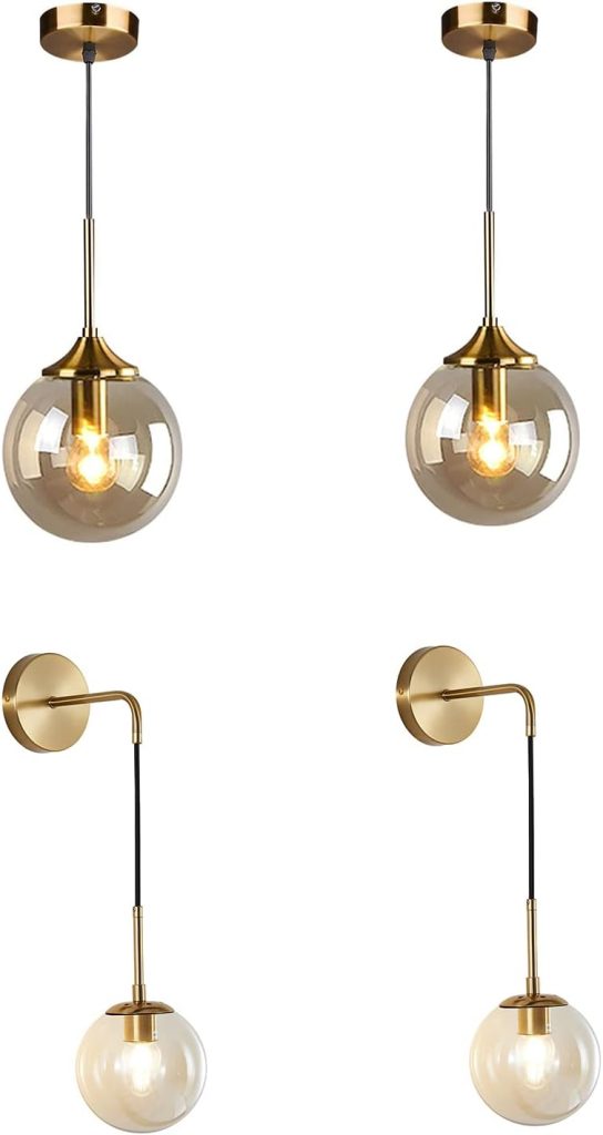 KCO Lighting Large Globe Pendant Light Amber Glass Pendant Lighting Brushed Brass Gold Pendant Light Fixture Ceiling Modern Globe Wall Sconce Set of 2 Amber Glass Ball Wall Light Vanity Bathroom Light