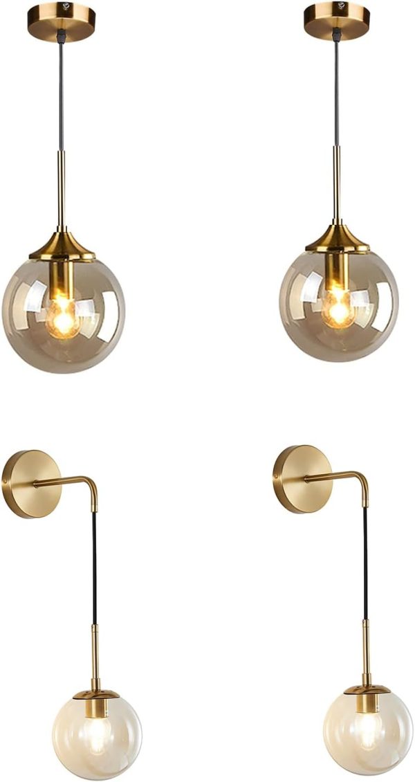 KCO Lighting Large Globe Pendant Light Amber Glass Pendant Lighting Brushed Brass Gold Pendant Light Fixture Ceiling Modern Globe Wall Sconce Set of 2 Amber Glass Ball Wall Light Vanity Bathroom Light