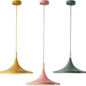KCO 3 Pack Modern Macaron Colorful Cone Pendant Light with Wood Accent