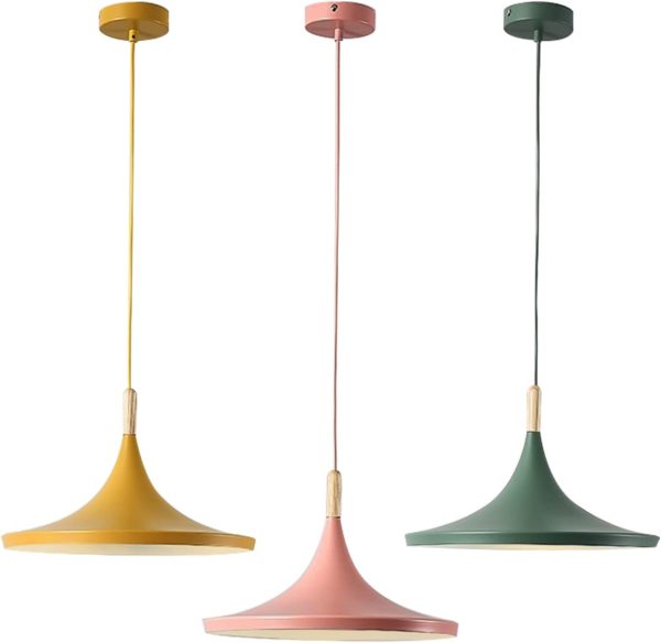KCO 3 Pack Modern Macaron Colorful Cone Pendant Light with Wood Accent