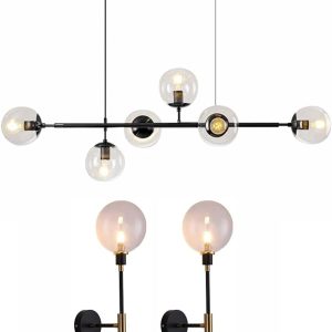 KCO Lighting 6-Light Glass Globe Chandelier with Clear Lampshade Black and Gold Globe Wall Sconce Set of Two