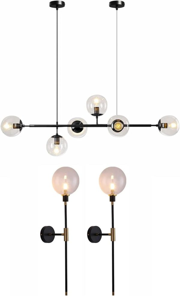 KCO Lighting 6-Light Glass Globe Chandelier with Clear Lampshade Black and Gold Globe Wall Sconce Set of Two