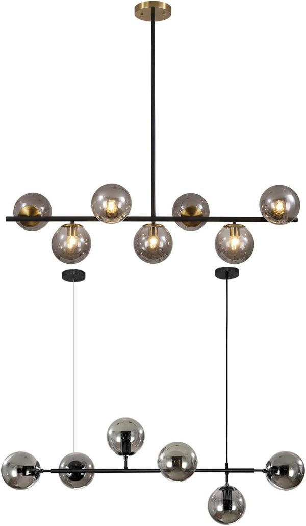 KCO Lighting Multi Light Mid Century Modern Rectangle Sputnik Chandelier Black Farmhouse Linear Chandelier Glass Globe Pendant Light Vintage Kitchen Island Lighting