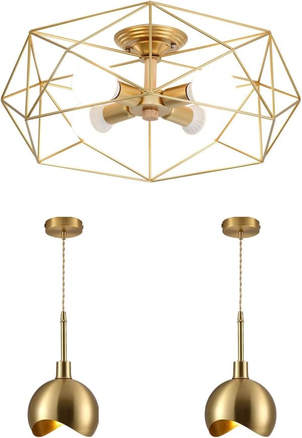 KCO Lighting 4-Light Metal Gold Cage Ceiling Light Fixture Mid-Century Kitchen Island Lighting Drop Pendant Fixture