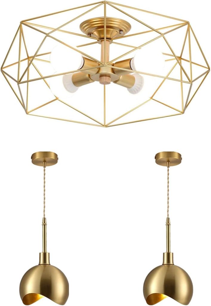 KCO Lighting 4-Light Metal Gold Cage Ceiling Light Fixture Mid-Century Kitchen Island Lighting Drop Pendant Fixture