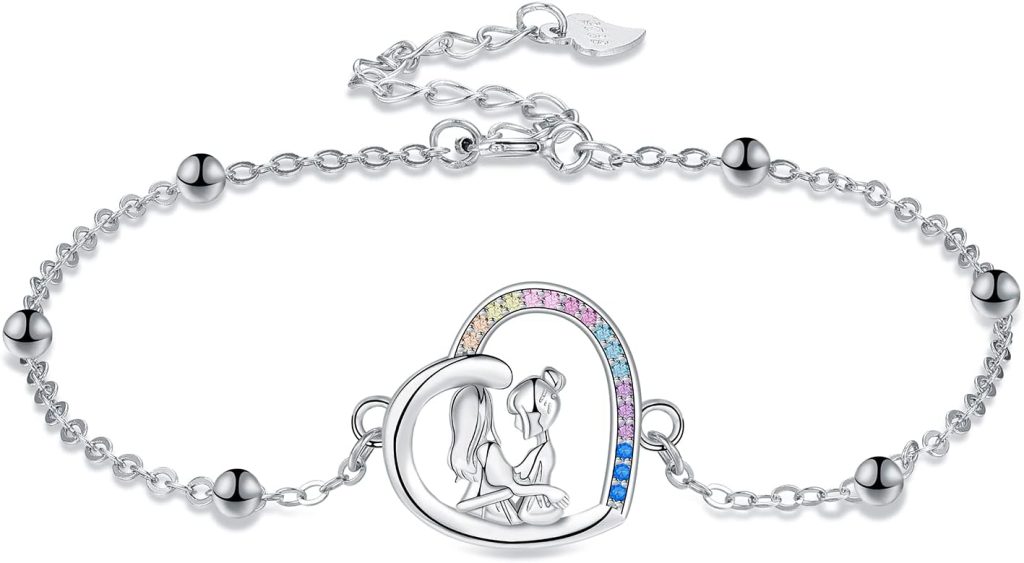 925 Sterling Silver Sister Bracelet with Double Chains, Beads, Zirconia and Heart Friendship Pendant
