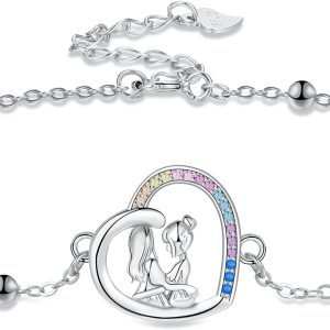 925 Sterling Silver Sister Bracelet with Double Chains, Beads, Zirconia and Heart Friendship Pendant