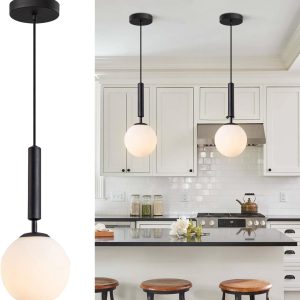 KCO Lighting 7.9” White Milk Glass Pendant Light Black Hanging Fixture