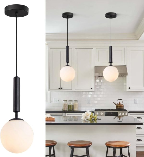 KCO Lighting 7.9” White Milk Glass Pendant Light Black Hanging Fixture