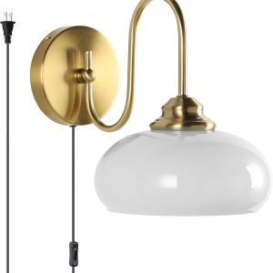 KCO Lighting Antique Brass Wall Sconce Goose Neck Wall Sconce Plug in Wall Lights with Cord Milk Glass Wall Mounted Light Fixture for Bedroom