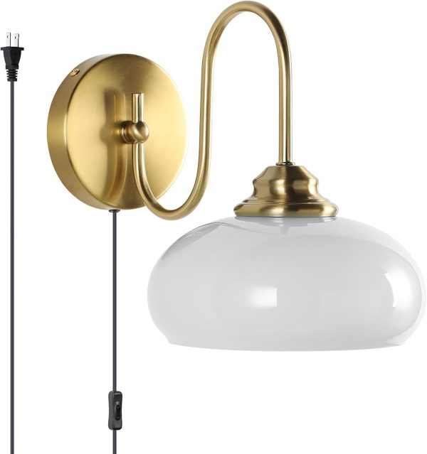 KCO Lighting Antique Brass Wall Sconce Goose Neck Wall Sconce Plug in Wall Lights with Cord Milk Glass Wall Mounted Light Fixture for Bedroom