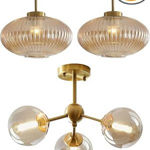 KCO Lighting Amber Glass Ceiling Light Brushed Gold Flush Mount Ceiling Light Mid Century Modern Semi Flush Mount Ceiling Light Globe Hallway Ceiling Light Fixtures