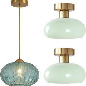 KCO Lighting Vintage Green Glass Ceiling Pendant Light Antique Brass Pendant Light Brushed Gold Flush Mount Ceiling Light Mid Cenutry Modern Semi Flush Mount Ceiling Light