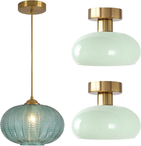 KCO Lighting Vintage Green Glass Ceiling Pendant Light Antique Brass Pendant Light Brushed Gold Flush Mount Ceiling Light Mid Cenutry Modern Semi Flush Mount Ceiling Light