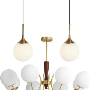 KCO Lighting Gold and White Pendant Light Milk Glass Pendant Lights Kitchen Island 8 Light Sputnik Ceiling Light Farmhouse Wood Chandelier Brushed Brass Chandeliers for Dining Room