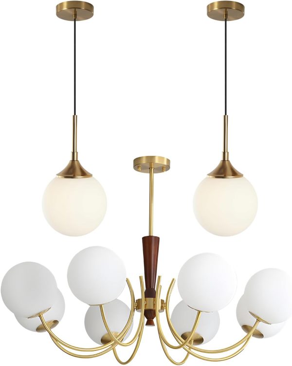 KCO Lighting Gold and White Pendant Light Milk Glass Pendant Lights Kitchen Island 8 Light Sputnik Ceiling Light Farmhouse Wood Chandelier Brushed Brass Chandeliers for Dining Room
