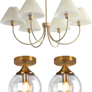 KCO Lighting 6-Lights Pleated Chandelier White Fabric Pendant Light Fixtures Gold Flush Mount Ceiling Light Clear Glass Semi Sluh Mount Ceiling Light Fixtures