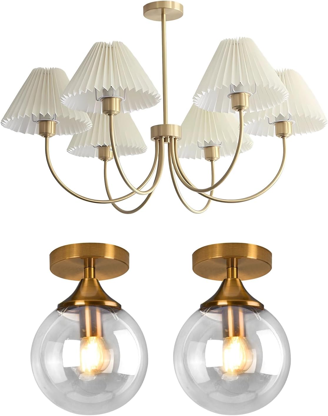 KCO Lighting 6-Lights Pleated Chandelier White Fabric Pendant Light Fixtures Gold Flush Mount Ceiling Light Clear Glass Semi Sluh Mount Ceiling Light Fixtures
