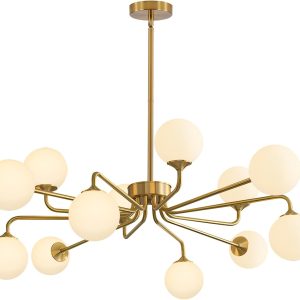 KCO Lighting 12 Light Modern Sputnik Chandelier Glass Globe Pendant Light Fixture Geometric Brushed Brass Chandelier for Kitchen Island Living Room Foyer