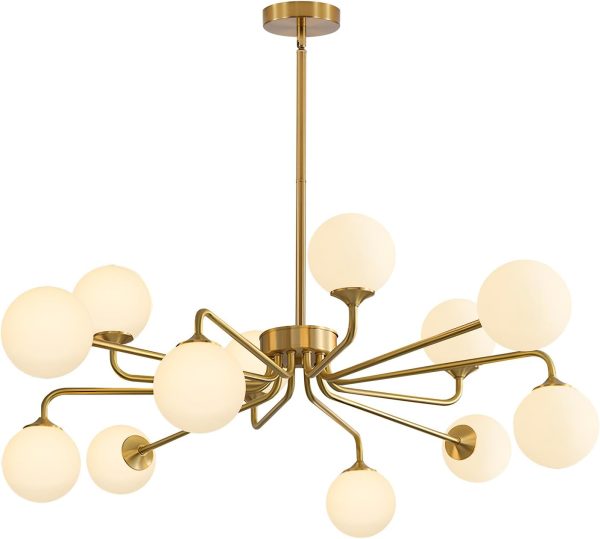 KCO Lighting 12 Light Modern Sputnik Chandelier Glass Globe Pendant Light Fixture Geometric Brushed Brass Chandelier for Kitchen Island Living Room Foyer