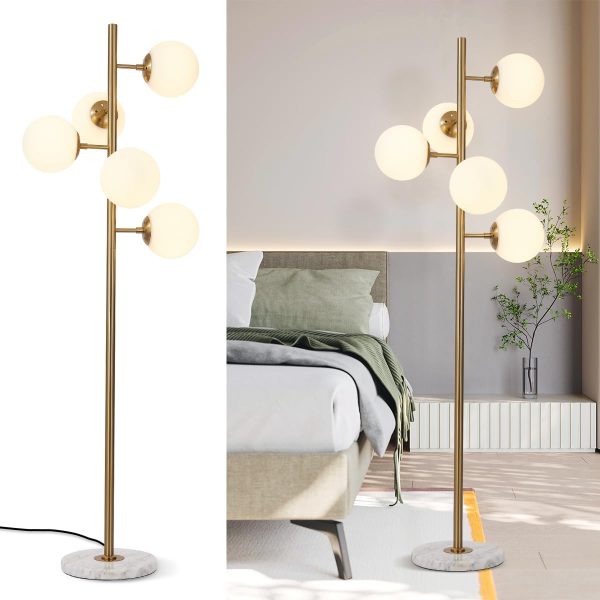 KCO Lighting 5-Light Frosted White Glass Globe Floor Lamp Mid Century Modern Gold Tall Pole Standing Light LED Standing Lamps with Foot Switch for Home Office (Gold)