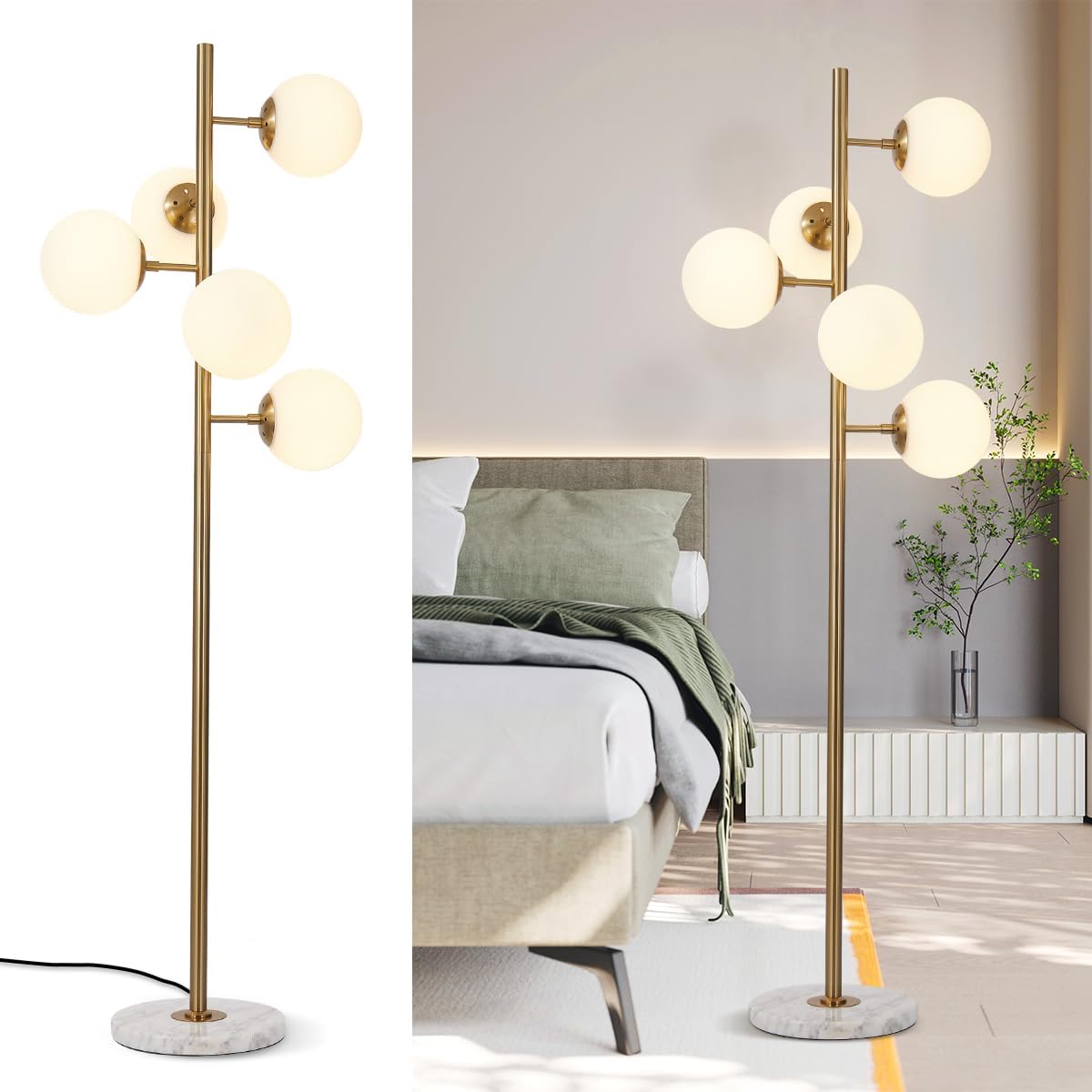 KCO Lighting 5-Light Frosted White Glass Globe Floor Lamp Mid Century Modern Gold Tall Pole Standing Light LED Standing Lamps with Foot Switch for Home Office (Gold)