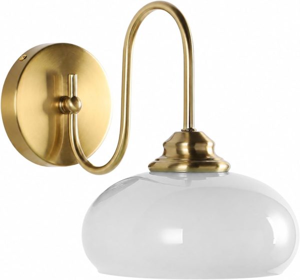KCO 7.9” White Milk Dome Glass Wall Sconce Vintage Gooseneck Gold Wall Lamp