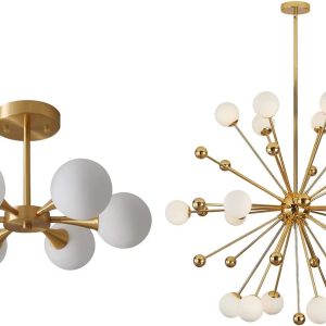 KCO Lighting Brushed Gold Flush Mount Ceiling Light Modern Milk Glass Ball Chandelier Mid Century Brass Schoolhouse Ceiling Light Modern Gold Sputnik Chandelier Lighting Fixture Kitchen Island Dining