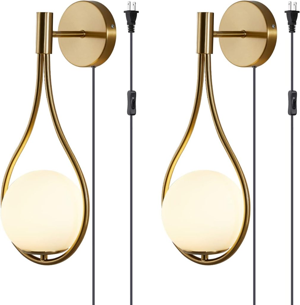 Modo Lighting Glass Ball Wall Sconce Plug in Mid Century Modern Drop Design Wall Light Brushed Brass Gold Wall Lamps for Bedside Living Room (with Plug in 2 Pack)