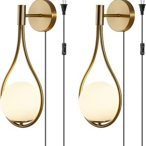 Modo Lighting Glass Ball Wall Sconce Plug in Mid Century Modern Drop Design Wall Light Brushed Brass Gold Wall Lamps for Bedside Living Room (with Plug in 2 Pack)