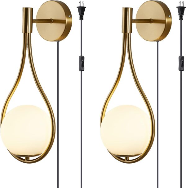 Modo Lighting Glass Ball Wall Sconce Plug in Mid Century Modern Drop Design Wall Light Brushed Brass Gold Wall Lamps for Bedside Living Room (with Plug in 2 Pack)
