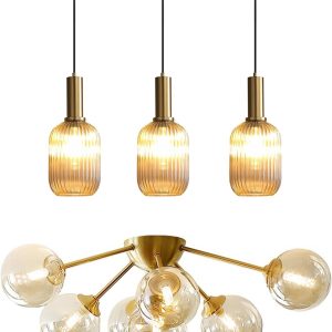 KCO Lighting 1-Light Amber Glass Ceiling Light Fixture Vintage Striped Glass Pendant Light 7-Lights Mid Century Modern Flush Mount Ceiling Light Amber Glass Globe Sputnik Chandelier Ceiling Light