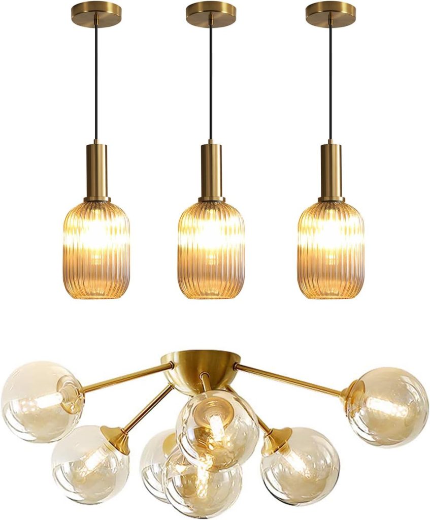 KCO Lighting 1-Light Amber Glass Ceiling Light Fixture Vintage Striped Glass Pendant Light 7-Lights Mid Century Modern Flush Mount Ceiling Light Amber Glass Globe Sputnik Chandelier Ceiling Light