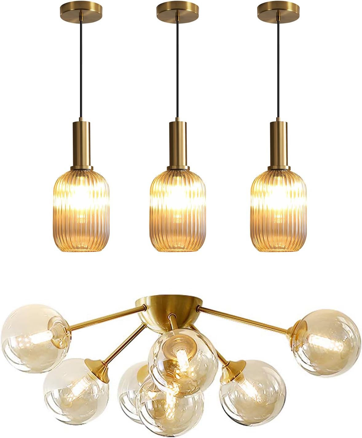 KCO Lighting 1-Light Amber Glass Ceiling Light Fixture Vintage Striped Glass Pendant Light 7-Lights Mid Century Modern Flush Mount Ceiling Light Amber Glass Globe Sputnik Chandelier Ceiling Light