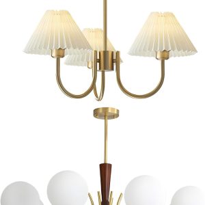 KCO Lighting 3 Light Brushed Gold Chandelier Light Fixture Traditional Pleated Chandelier Small Vintage Entryway Chandelier 8 Light Mid Century Modern Globe Chandelier Milk Glass Pendant Light