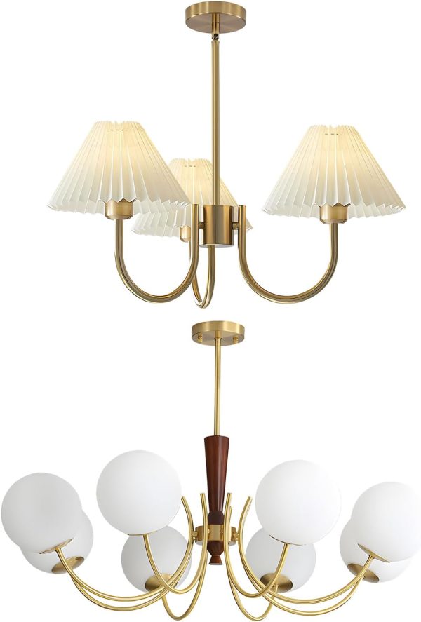 KCO Lighting 3 Light Brushed Gold Chandelier Light Fixture Traditional Pleated Chandelier Small Vintage Entryway Chandelier 8 Light Mid Century Modern Globe Chandelier Milk Glass Pendant Light