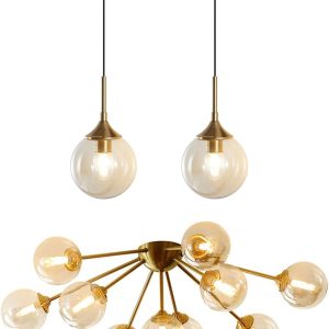 KCO Lighting Glass Globe Pendant Light Fixture Brass Gold 10-Light Flush Mount Ceiling Light