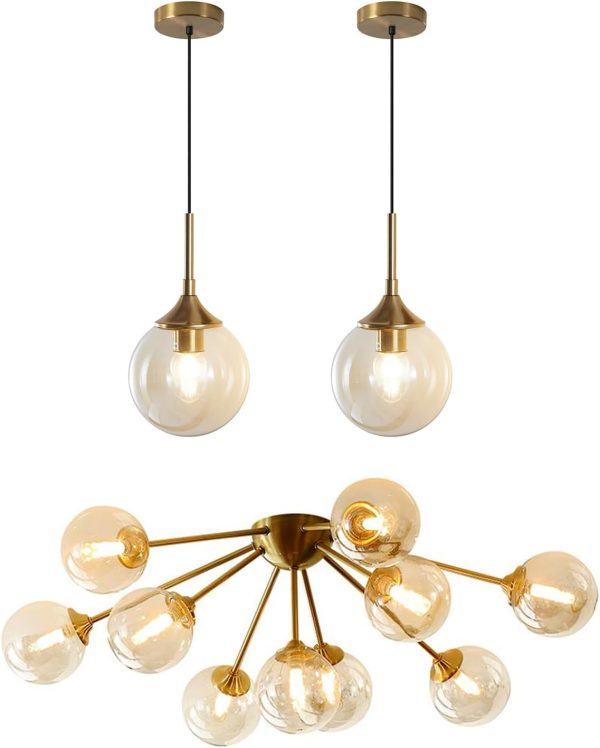 KCO Lighting Glass Globe Pendant Light Fixture Brass Gold 10-Light Flush Mount Ceiling Light