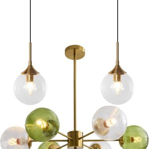 KCO Lighting Clear Globe Pendant Lights Kitchen Island Bubble Glass Pendant Lighting Gold Hanging Light Fixture Mid Century Modern Green Chandelier Ribbed Flush Mount Light