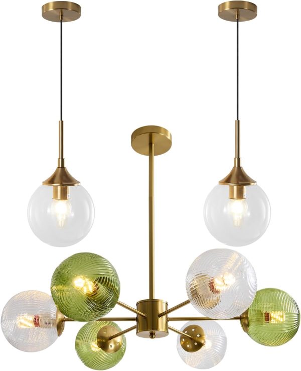 KCO Lighting Clear Globe Pendant Lights Kitchen Island Bubble Glass Pendant Lighting Gold Hanging Light Fixture Mid Century Modern Green Chandelier Ribbed Flush Mount Light