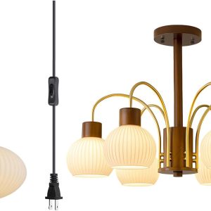 KCO Lighting Milk Glass Chandelier Pendant Light Ribbed Glass Ceiling Light Mid Century Plug in Hanging Light Farmhouse Rustic Walnut Wood Chandelier Modern Gold Chandelier Sputnik Ceiling Light