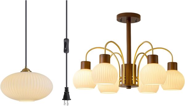 KCO Lighting Milk Glass Chandelier Pendant Light Ribbed Glass Ceiling Light Mid Century Plug in Hanging Light Farmhouse Rustic Walnut Wood Chandelier Modern Gold Chandelier Sputnik Ceiling Light